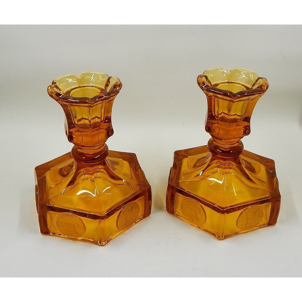 Fostoria Coin Amber Glass Candle Stick Holders Pair 5"